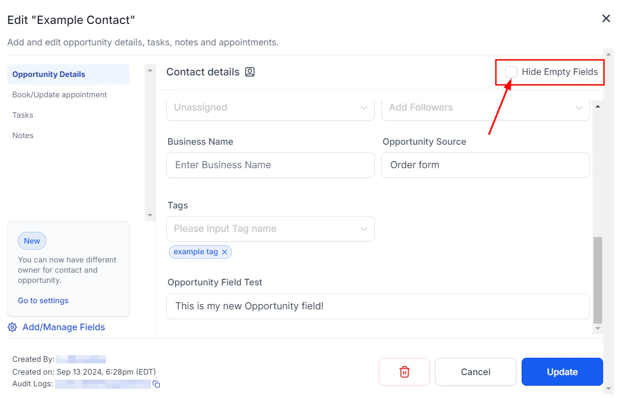 Hide Empty Fields toggle for opportunity custom fields