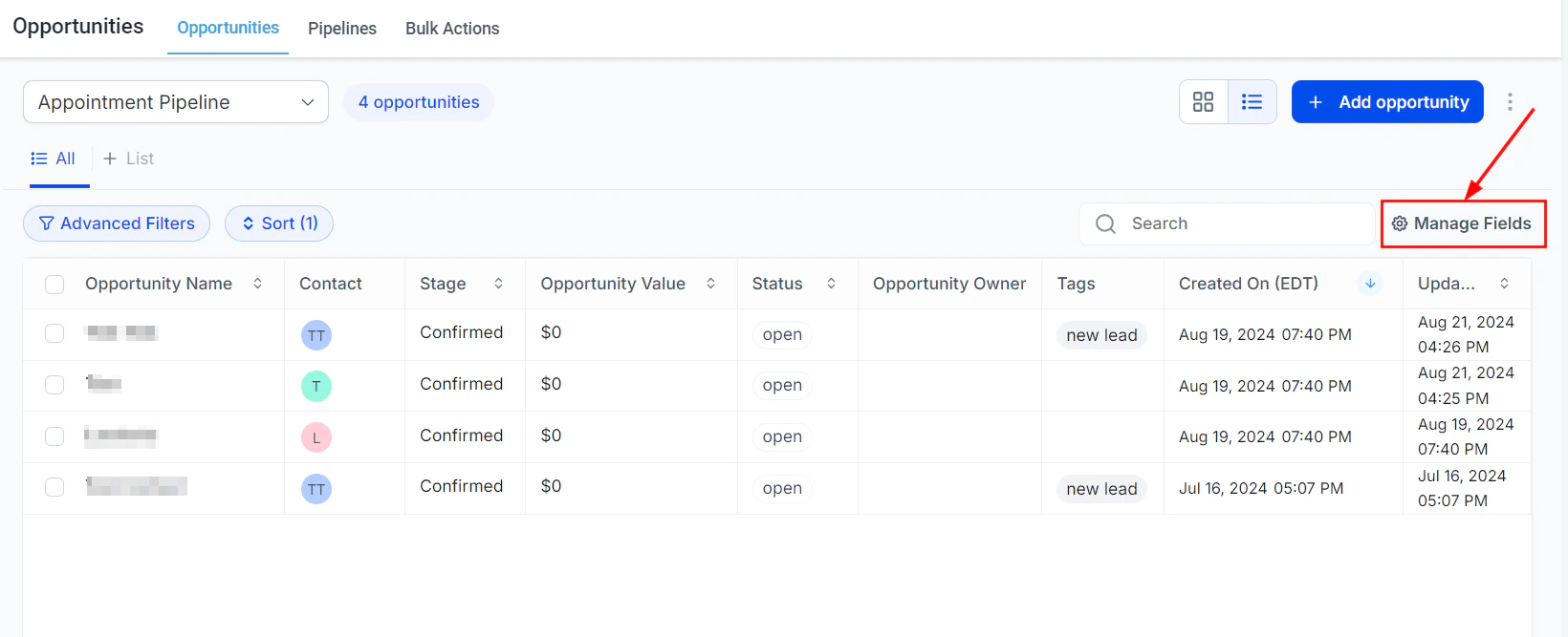 Manage fields in list view