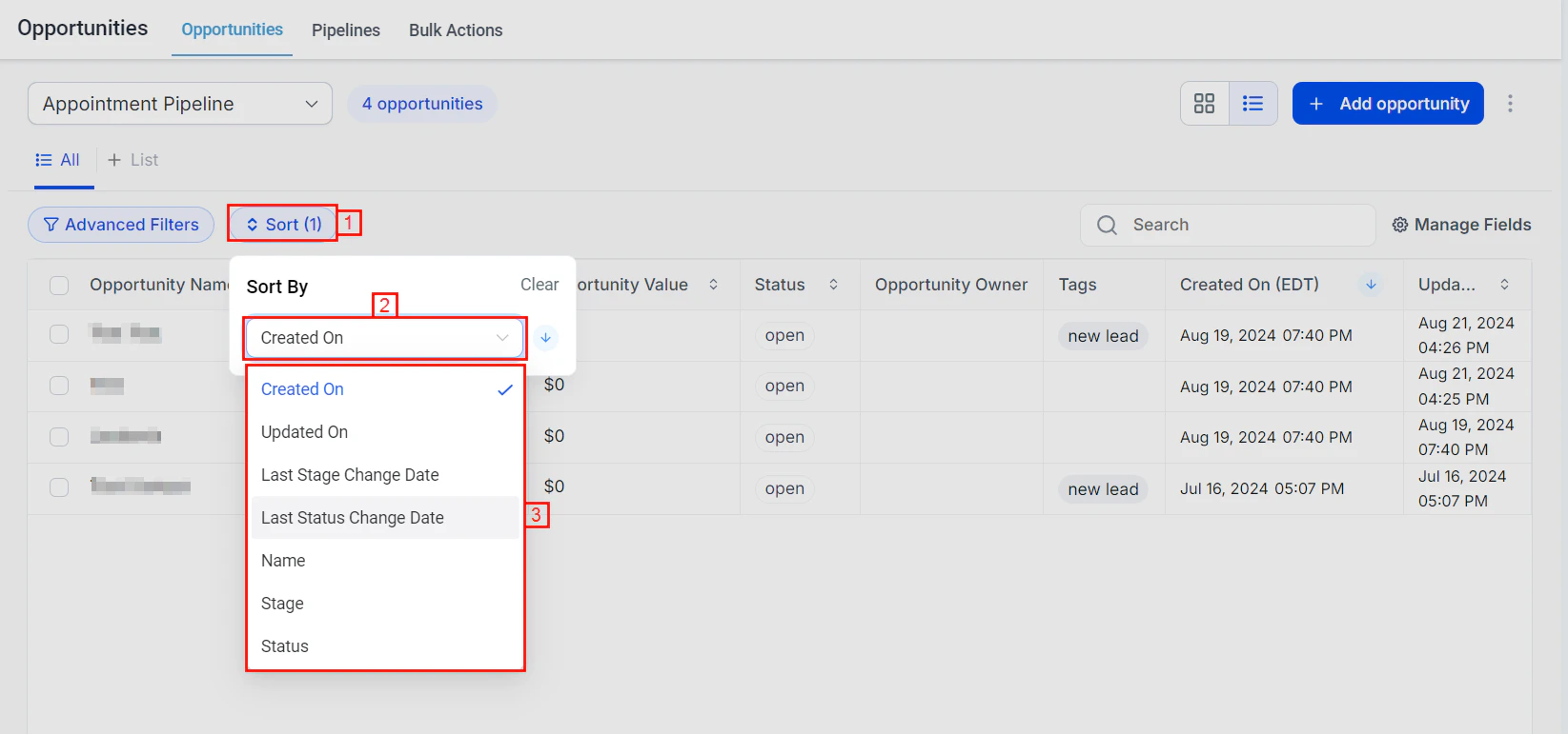 Sort options in list view