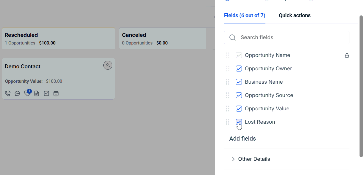 Manage fields on opportunity cards