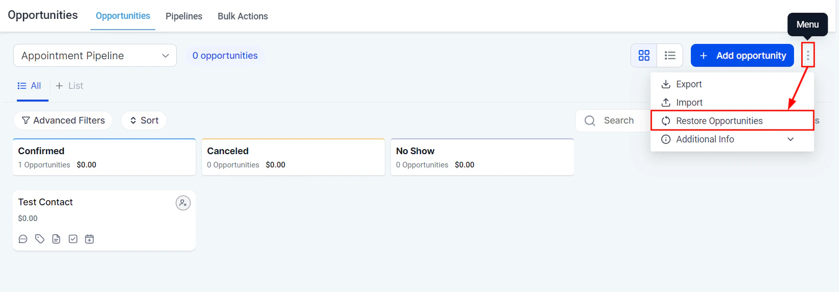 Deleted opportunities restore view