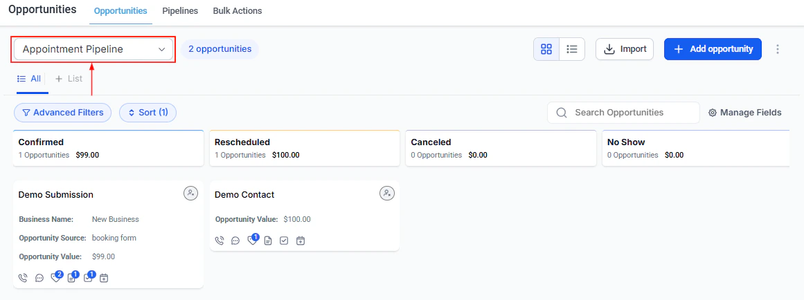 Opportunities view toggle between board and list