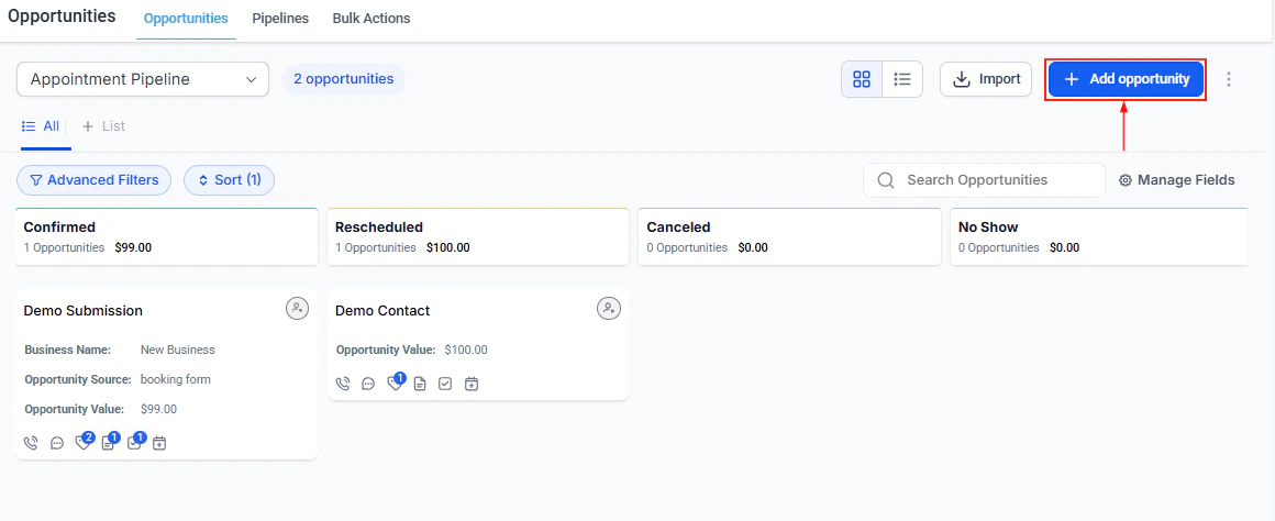 Opportunity creation form