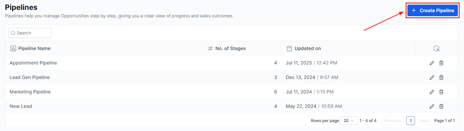 Opportunity Settings pipeline selection