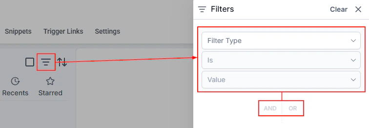 Filters panel showing Filter Type, operator, and value dropdowns with AND/OR logic