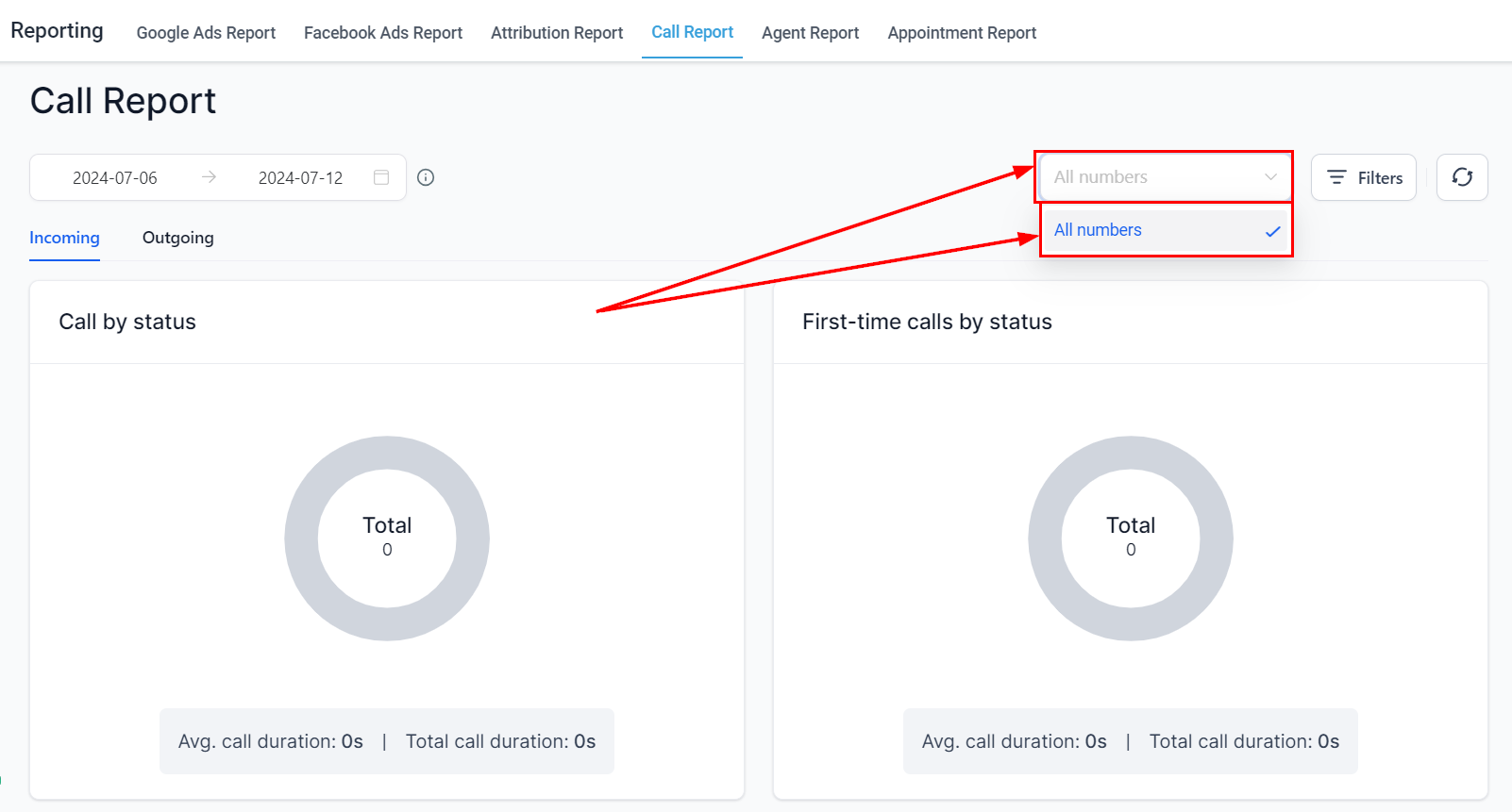 All Numbers dropdown