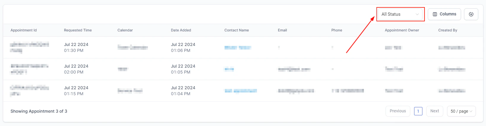 Workflow execution log table with status indicators