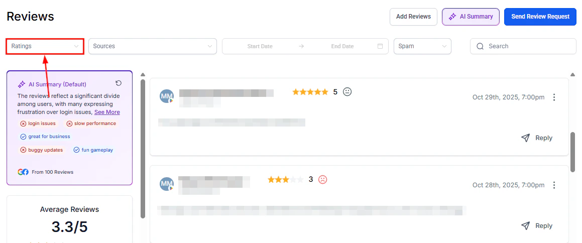 Star rating distribution for review responses