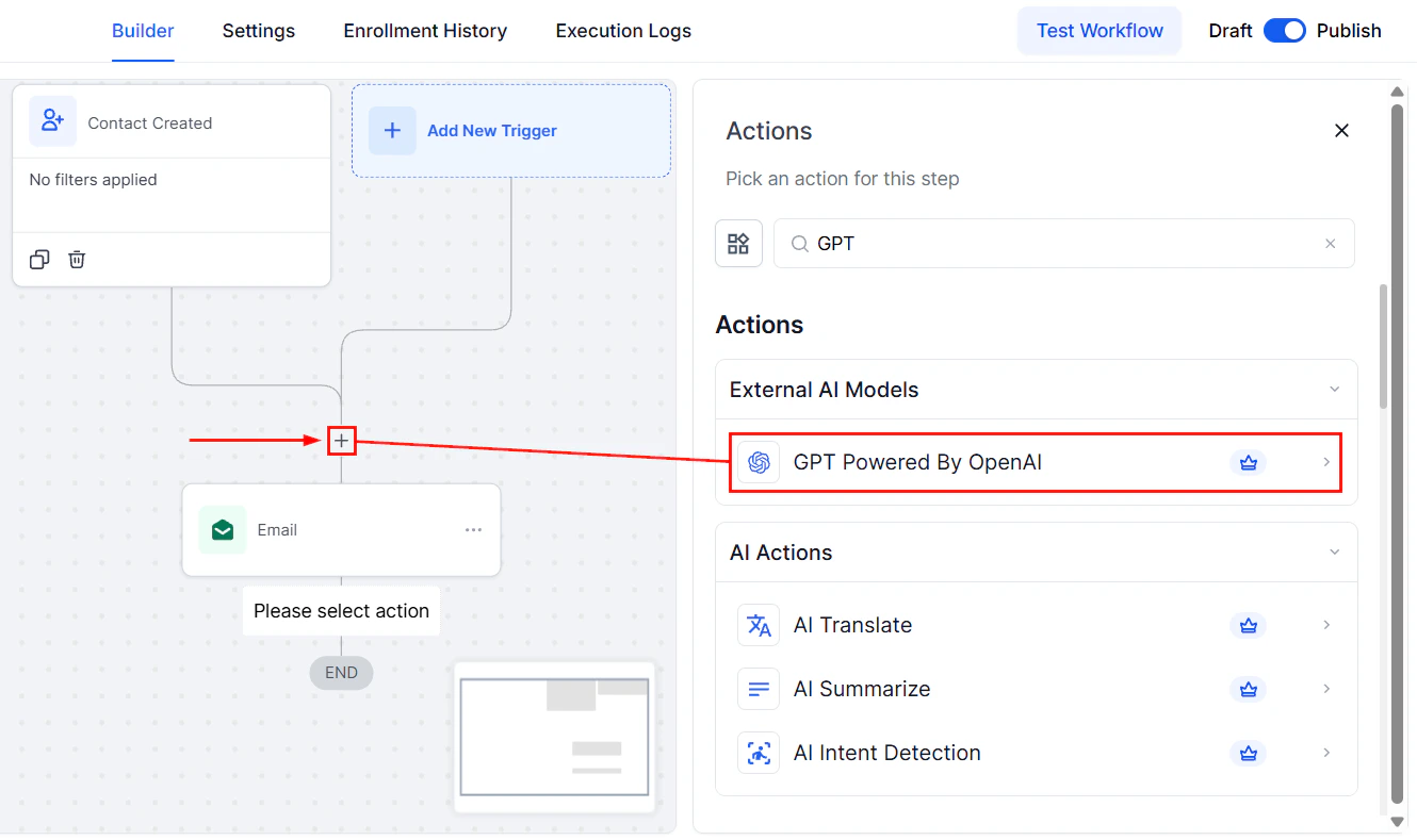 Workflow builder with AI action being configured