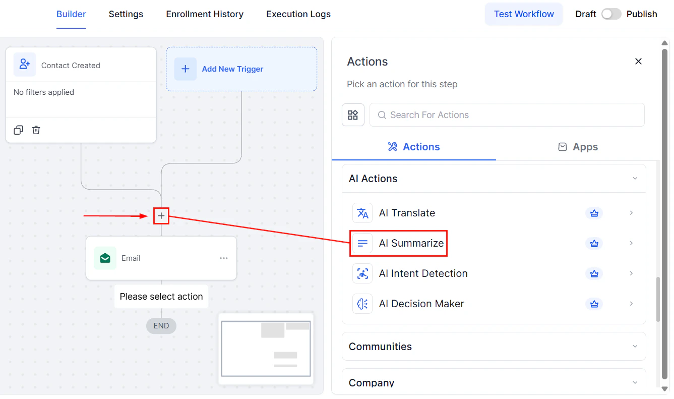 AI Summarize action being added to a workflow
