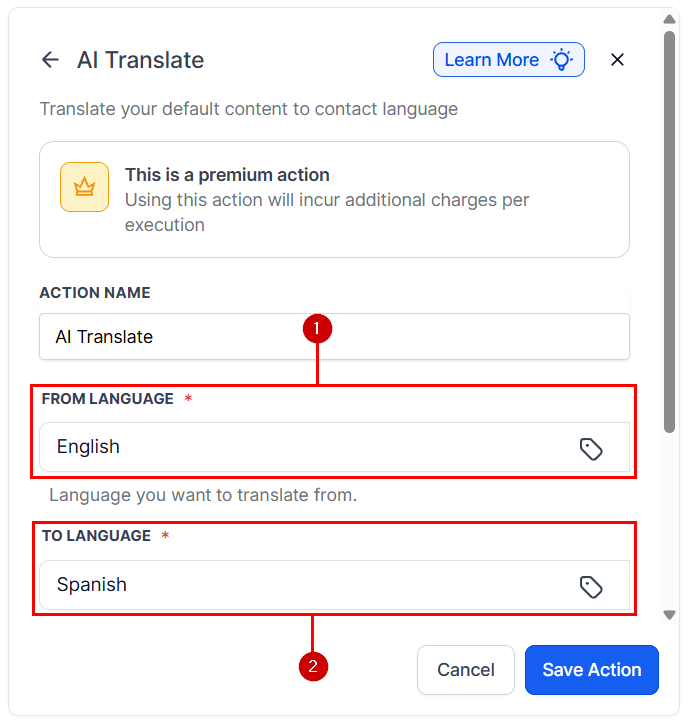 Source and target language configuration for AI-powered translation
