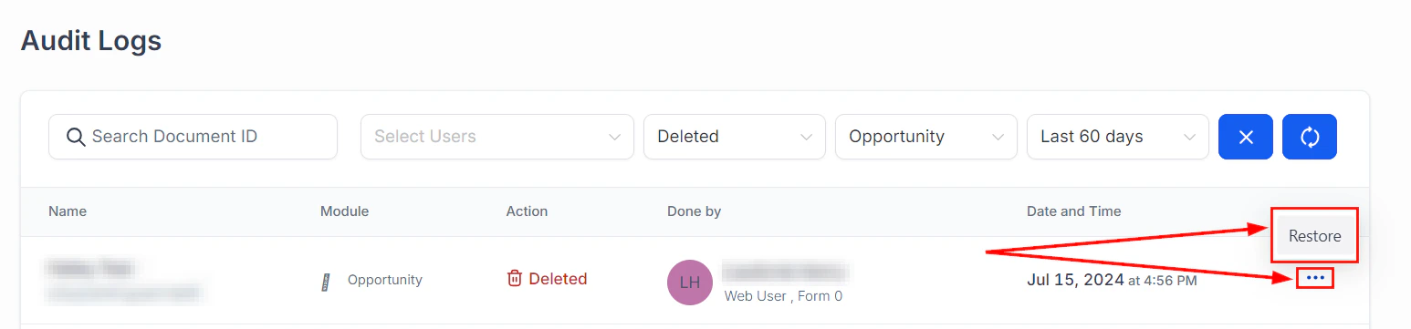 Audit log entries with timestamps and change details