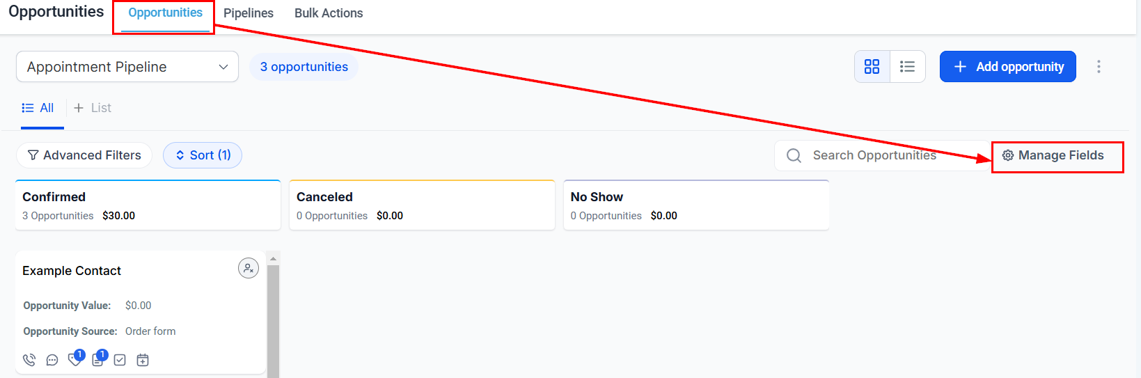Manage Fields panel showing field selection options
