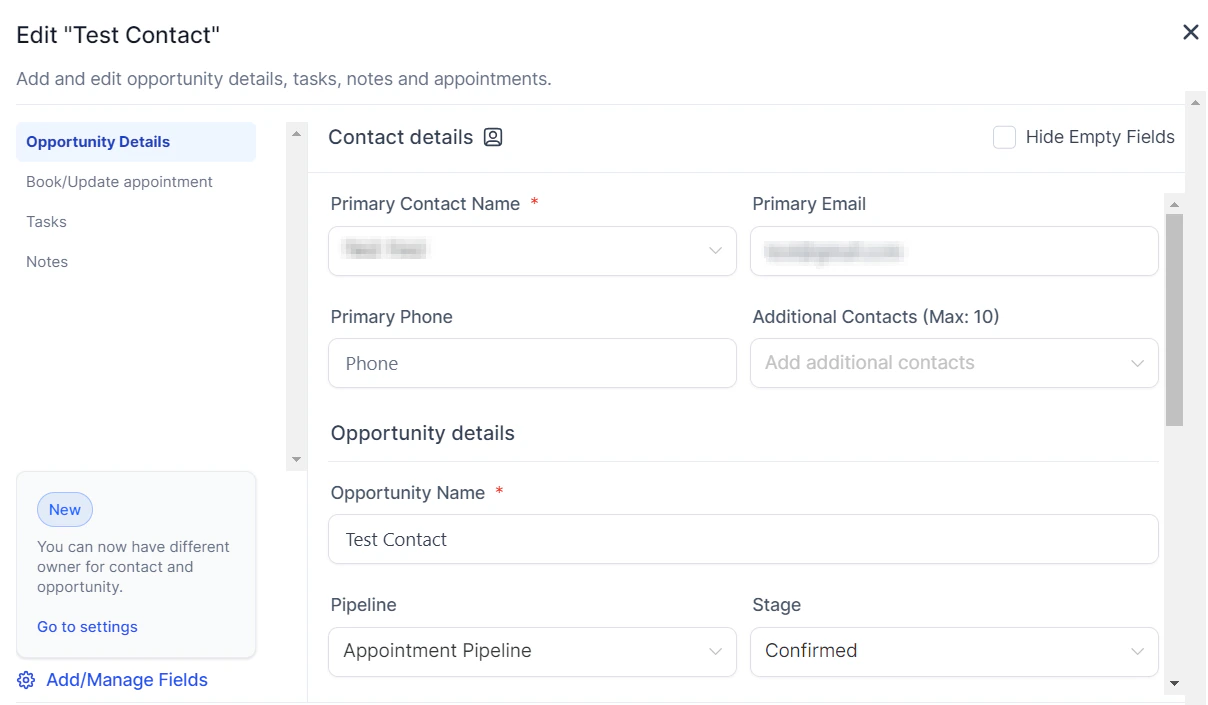 Opportunity detail panel with contact, stage, value, and status fields