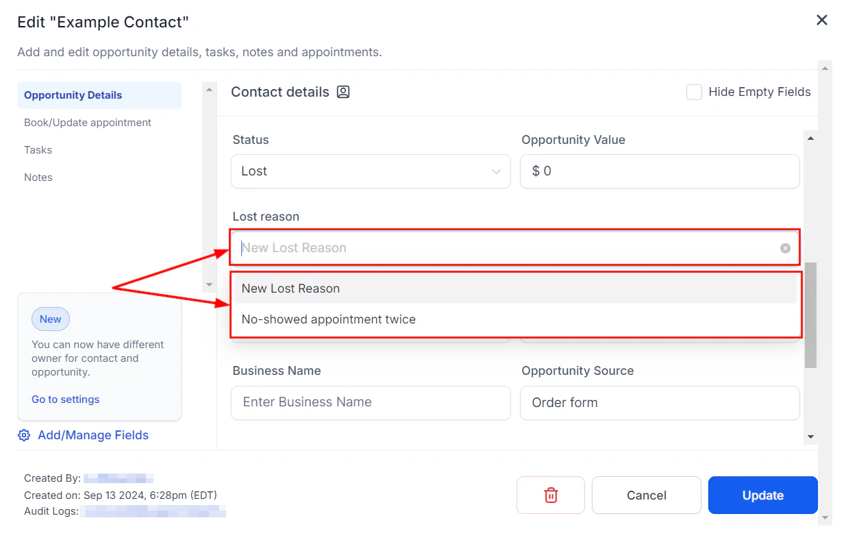List of configured lost reasons in Opportunity Settings