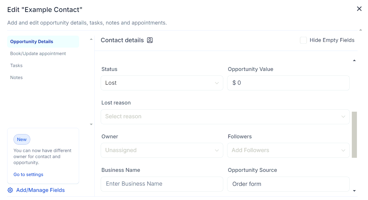 Lost reason selection prompt on status change