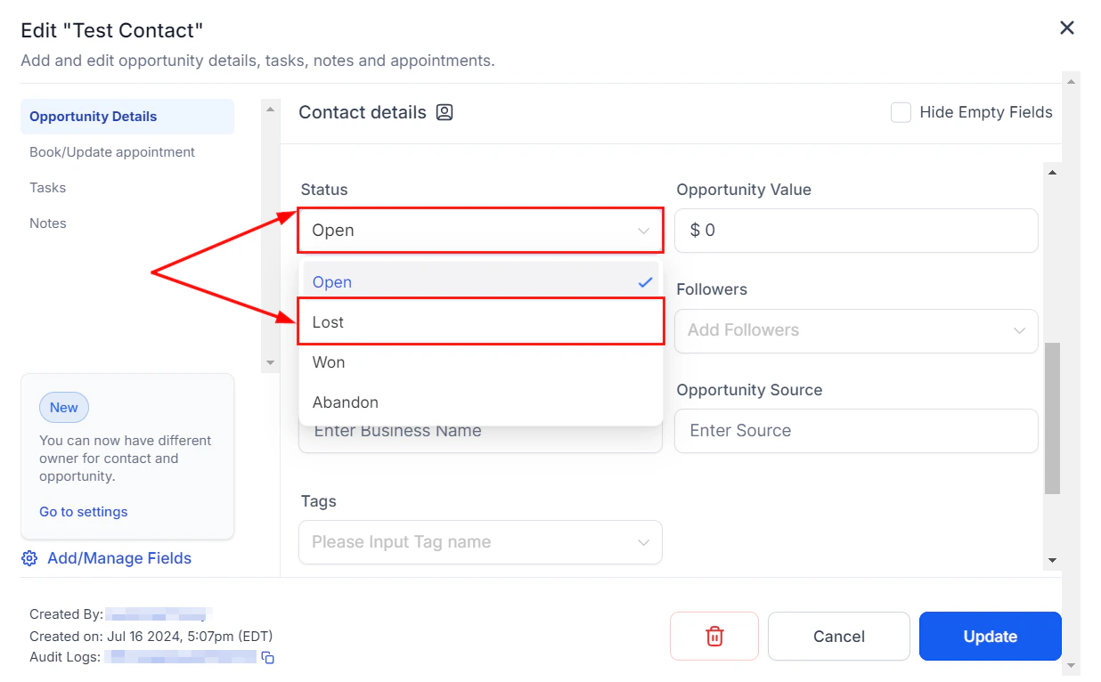 Opportunity status field displaying Lost status