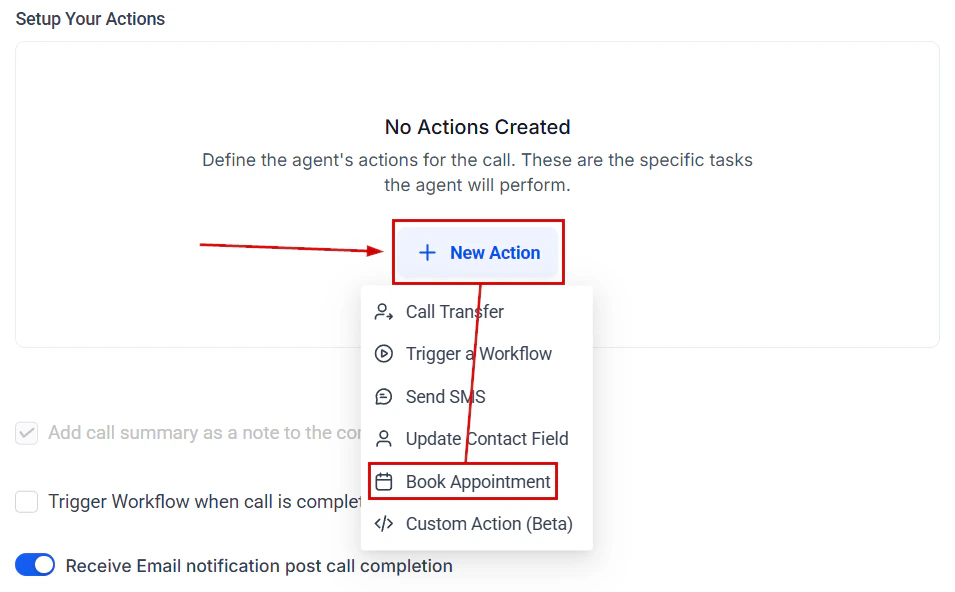 New action dialog with Book Appointment option selected