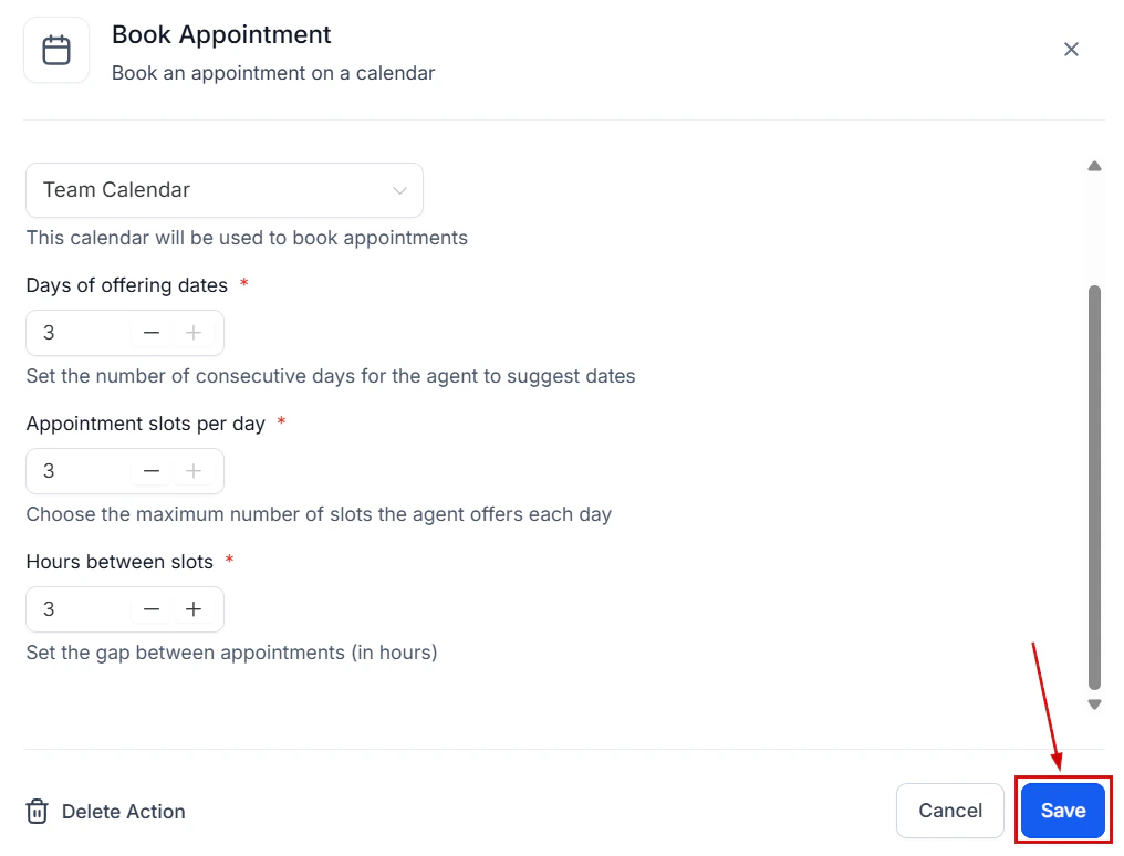 Save button for appointment booking action settings