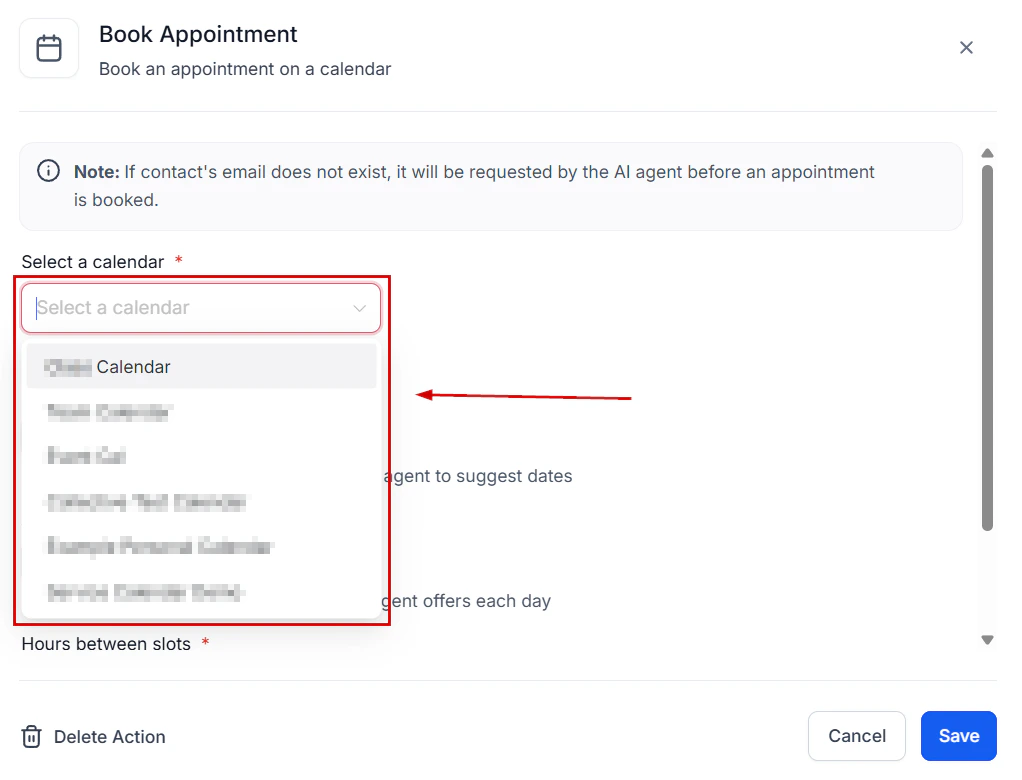 Calendar selection for the AI appointment scheduling agent