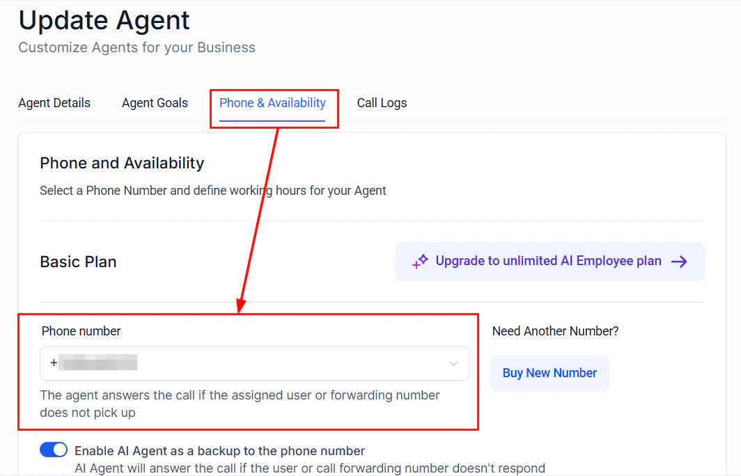 Phone number selection showing available numbers for Voice AI