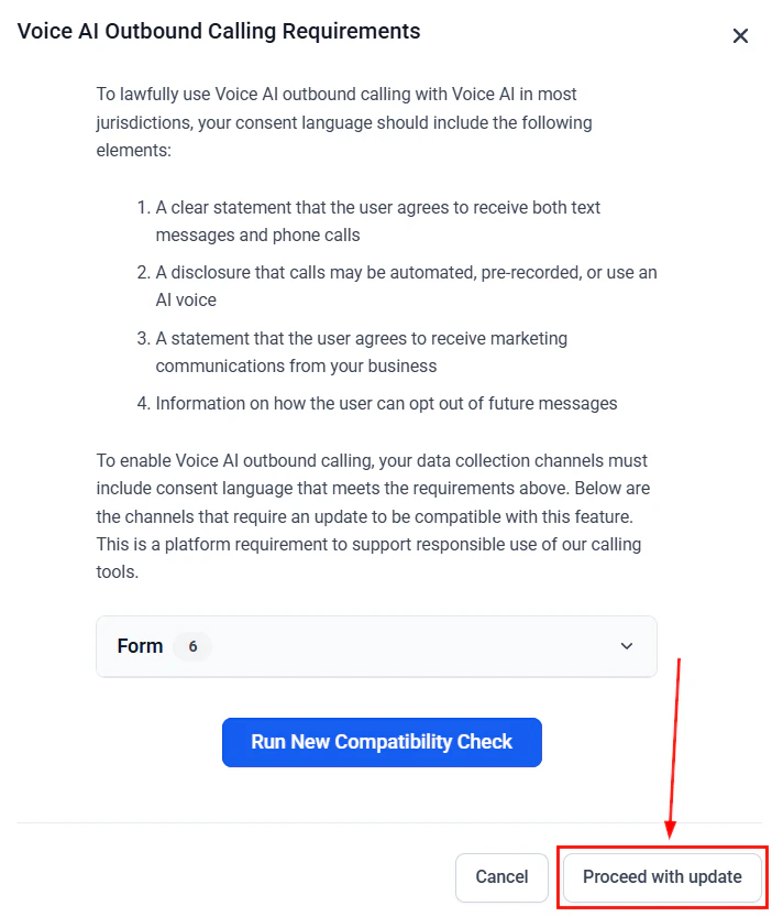 Outbound calling compliance verification panel