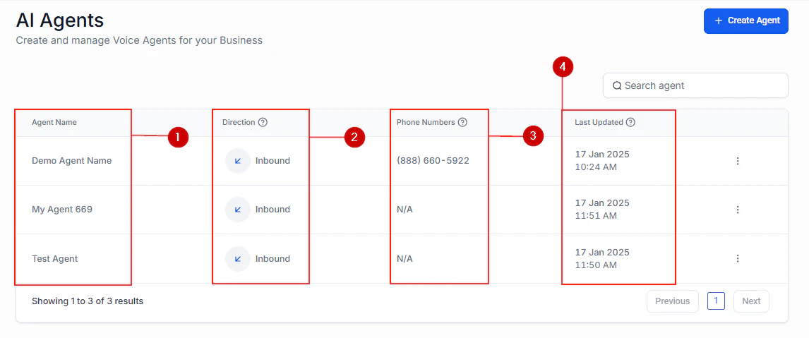 Voice AI agent cards with status indicators and configuration summary