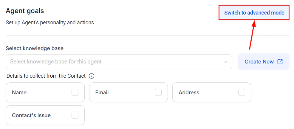 Advanced mode toggle in the Voice AI agent editor