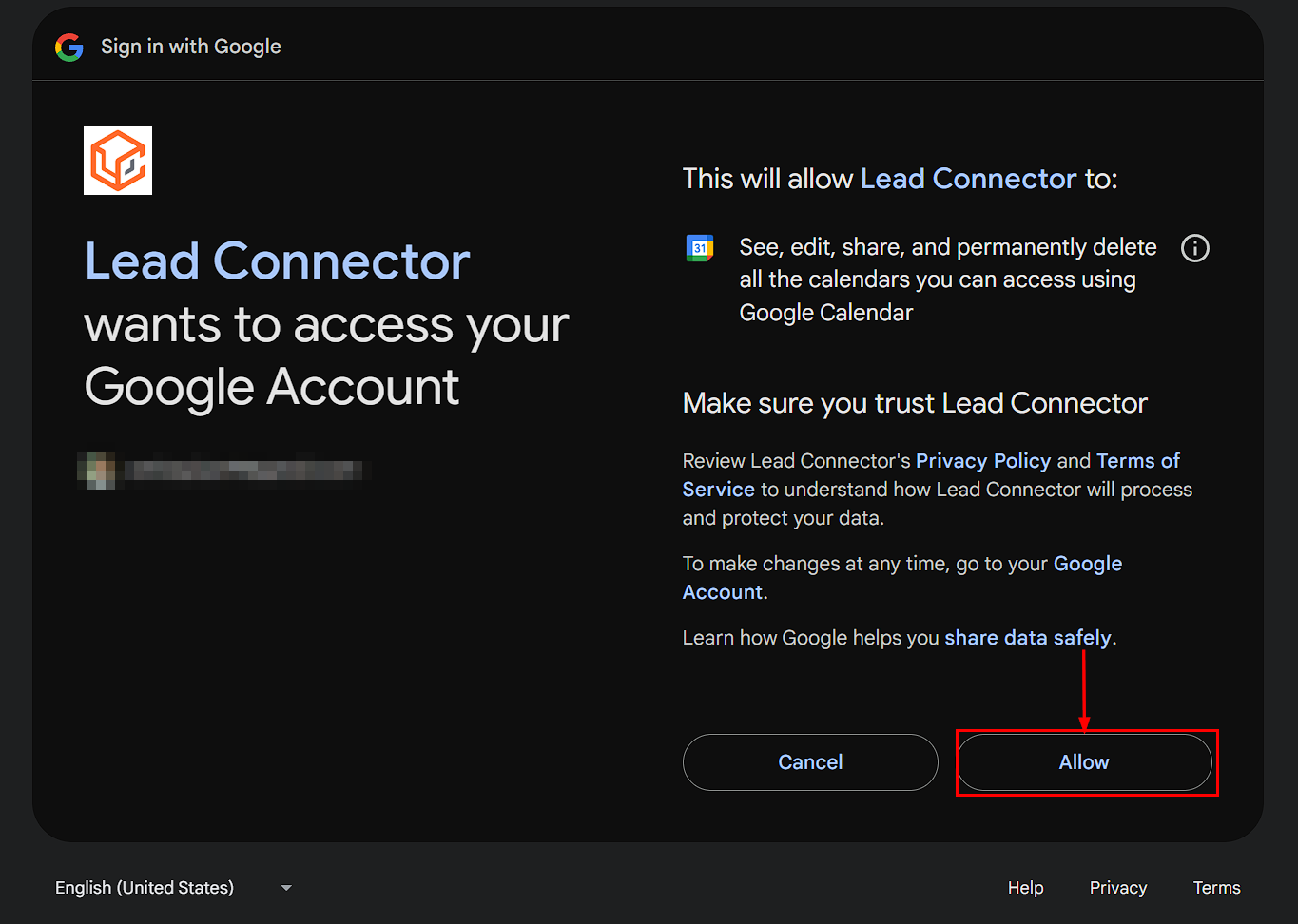 Google Calendar permission grant
