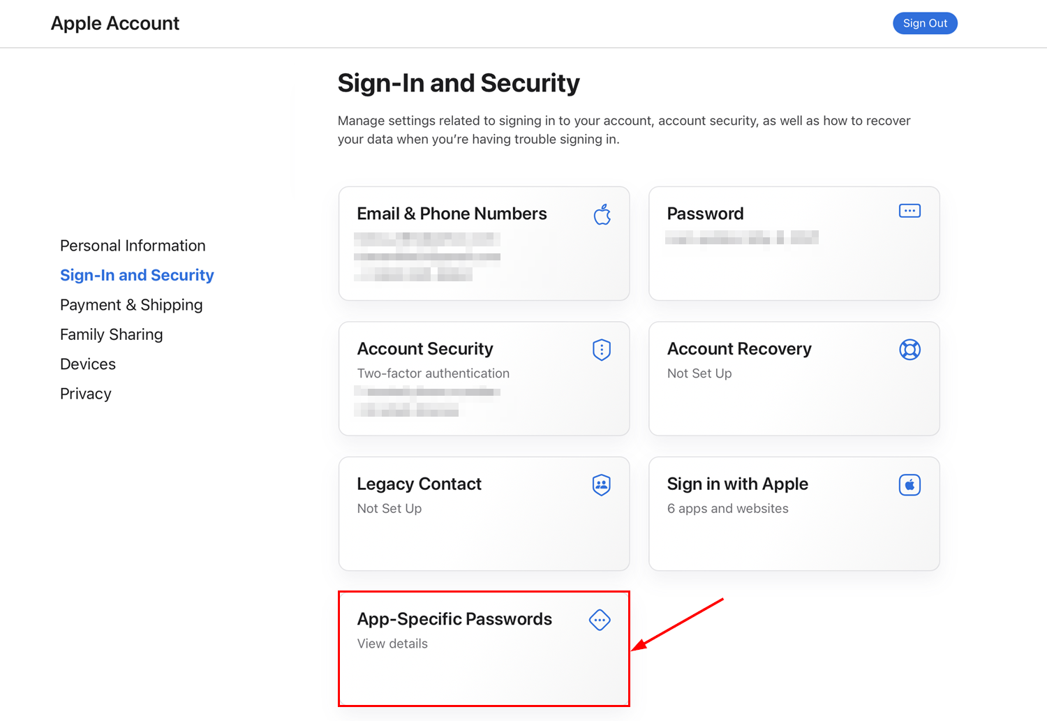 App-Specific Passwords section in Apple ID settings
