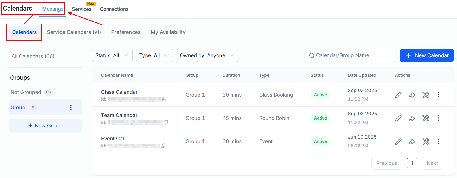 Calendar share modal with direct link