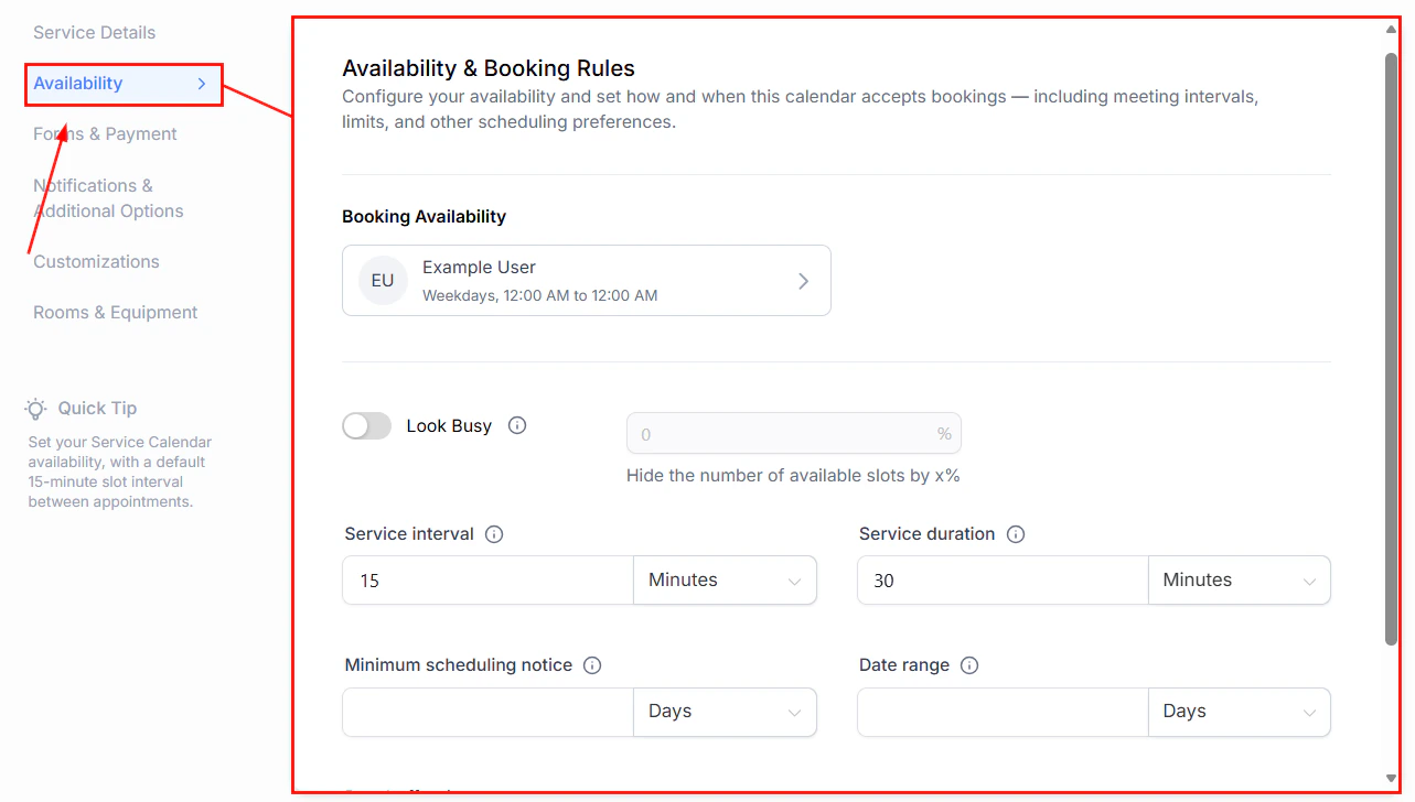 Service calendar availability configuration