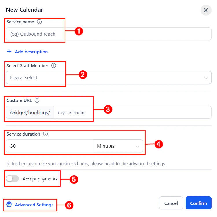 Service calendar name and URL setup