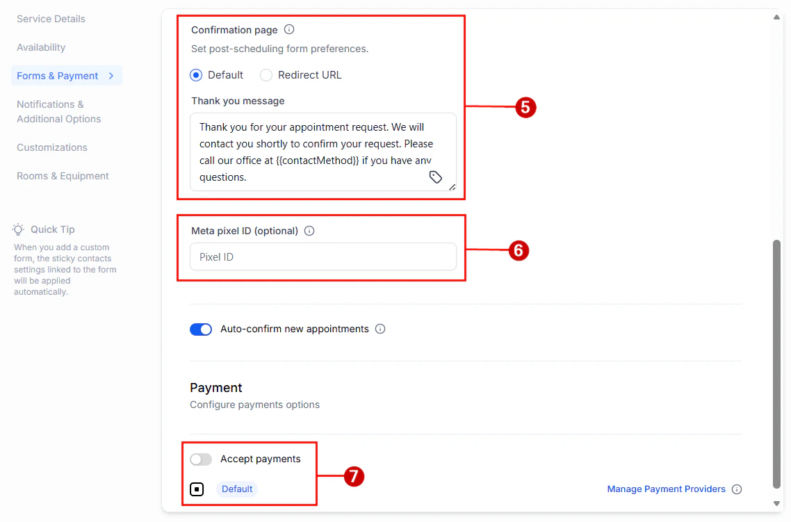 Service calendar payment settings