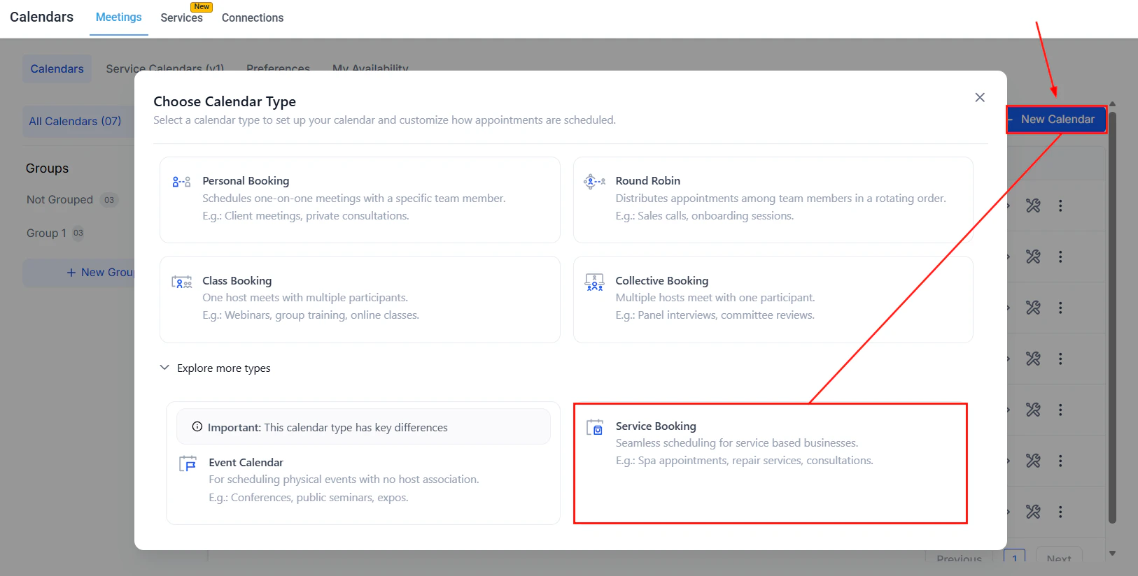 Service Booking calendar type selection