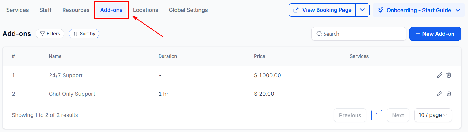 Services V2 add-ons tab