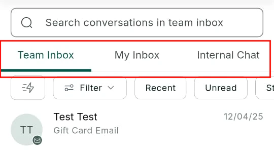 Conversations inbox header with Team Inbox, My Inbox, and Internal Chat tabs highlighted