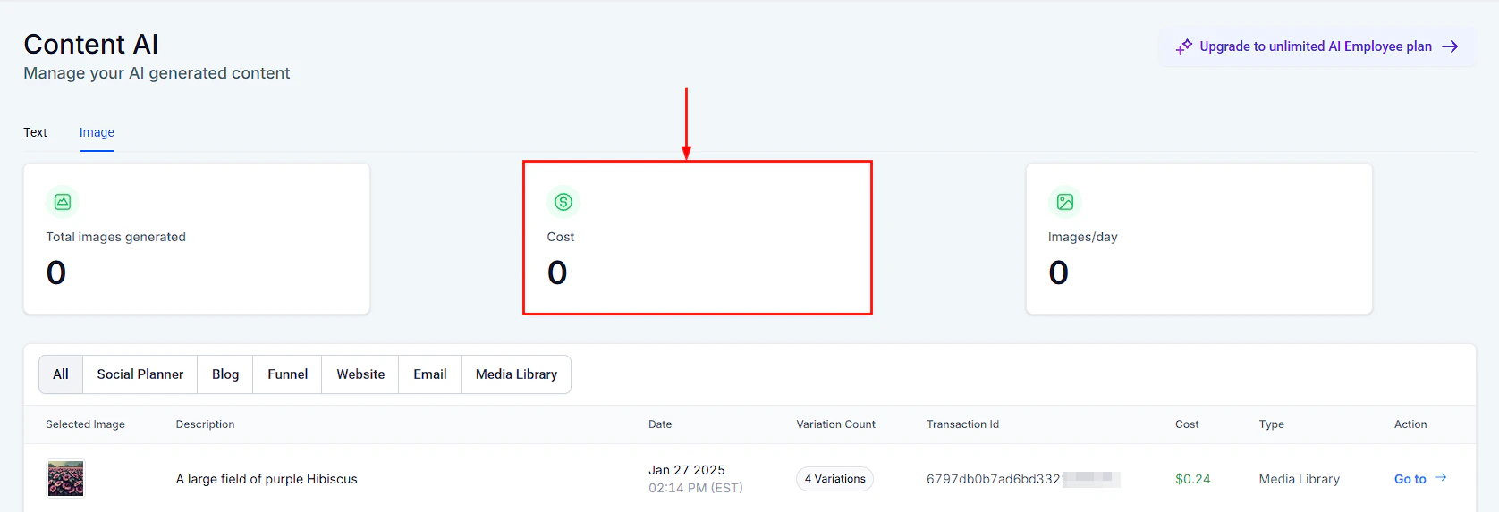 Cost tracking chart for Content AI image generation