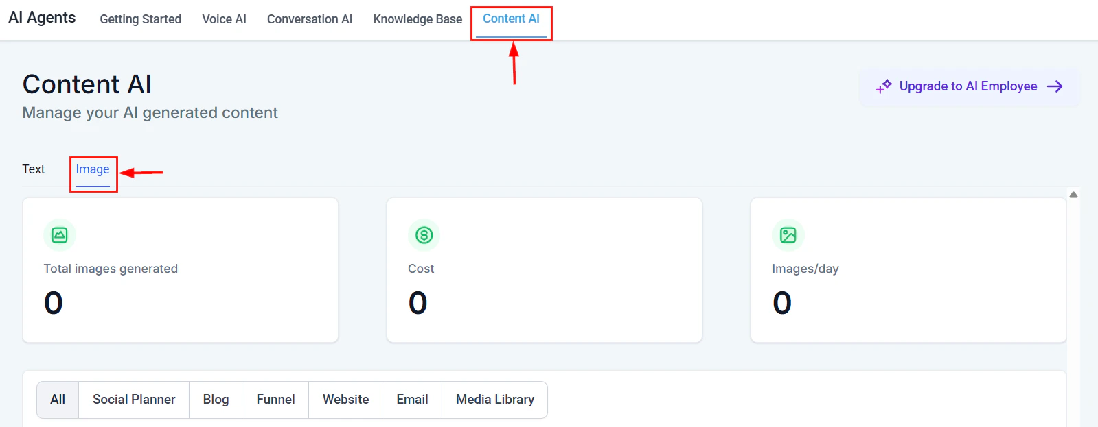 Content AI image dashboard with generation stats and cost overview