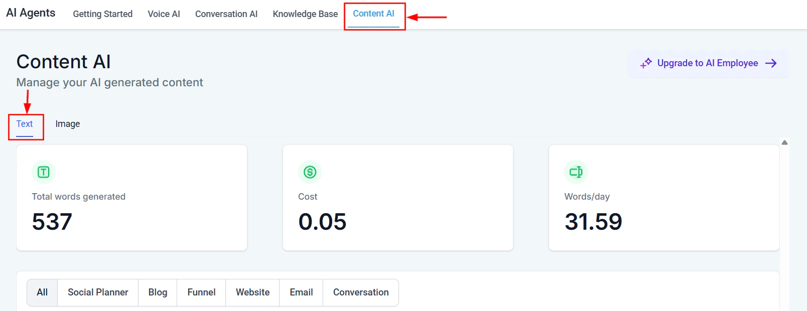 Content AI text dashboard with word count stats and channel filters