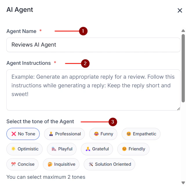 Agent name and tone configuration panel