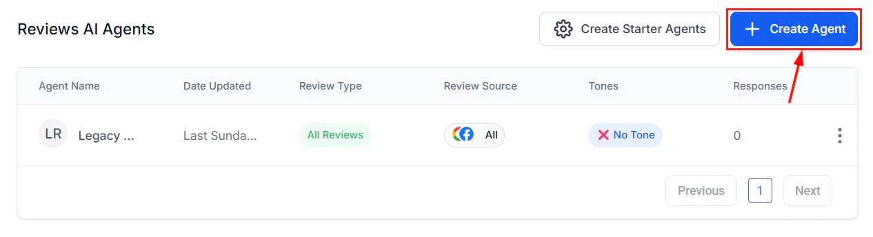 Reviews AI create agent interface showing available agent templates