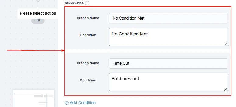 Branch configuration showing different paths for Conversation AI action results