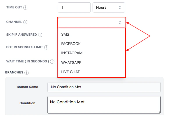 Channel selection dropdown for the Conversation AI workflow action