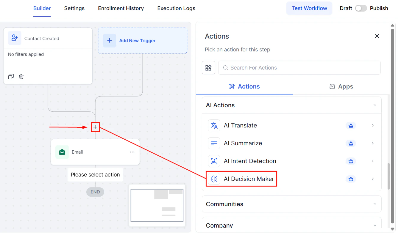 Adding AI Decision Maker action to a workflow
