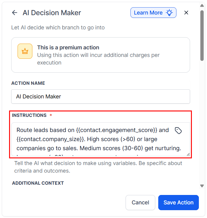 Decision prompt instructions panel in the AI Decision Maker