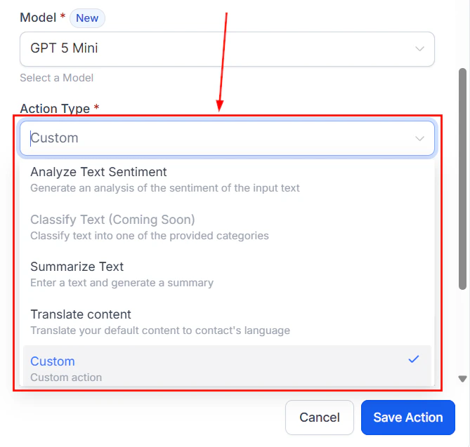 Action type selection showing available GPT action modes