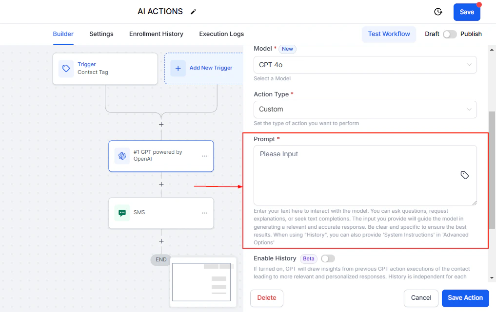 Custom prompt editor with contact data merge fields