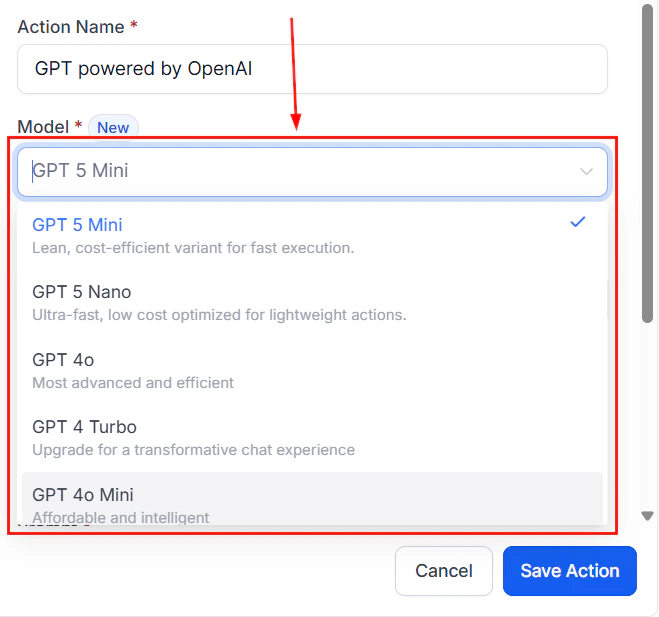 Model selection dropdown in the GPT action configuration