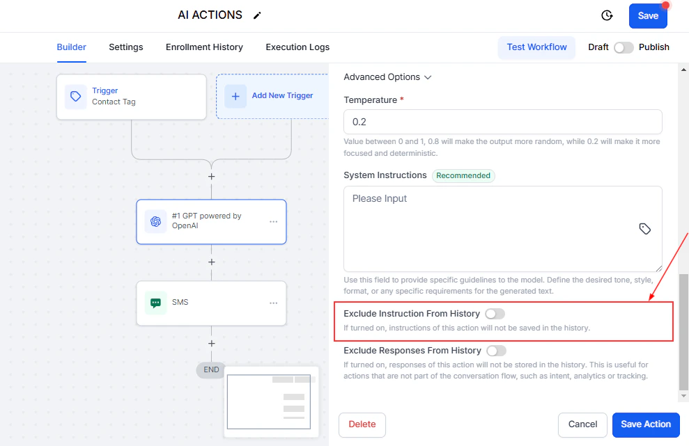 Output variable configuration for the GPT action